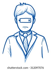 Business man with low battery symbol on his face, concept for stress, burnout, headache, depression, hand drawn doodle vector illustration