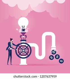 Business man with machine create idea to make money - business, creative, idea and innovation concept 