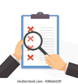 Business man and magnifier to  the check list on the clipboard flat style vector illustration