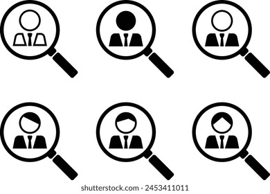 Business man and magnifying glass icon set