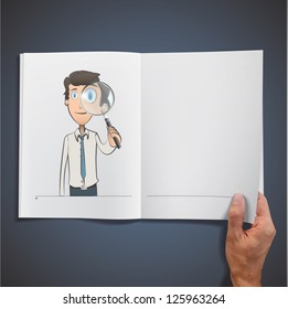 Business man with magnifying glass inside a book. Vector design.