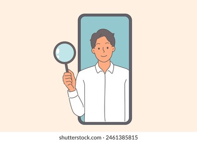 Business man with magnifying glass looks out of phone display, offering to use search technology. Guy manager is search for important information for company in mobile applications.