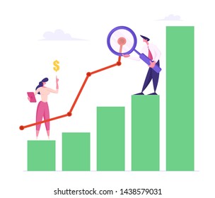 Business Man with Magnifying Glass and Woman Marketing Solution Development. Businesspeople Working on Growth Data Analysis Arrow Graph, Financial Statistic Diagram. Cartoon Flat Vector Illustration