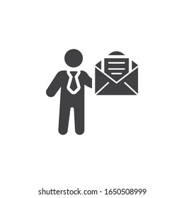 Business man with mail message vector icon. filled flat sign for mobile concept and web design. Business mail receiving glyph icon. Symbol, logo illustration. Vector graphics