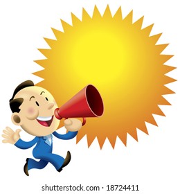 Business man make announcement with a red speaker while walking.