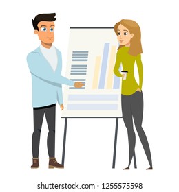 Business Man Make Presentation Shows Charts and Diagram to Woman on Whiteboard or Flipchart paper. Financial Report for Startup Concept Cartoon Vector Illustration Flat