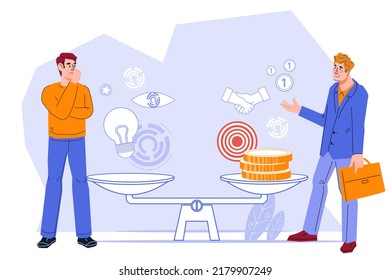 Business man makes a choice and receives financial consultation, thinks over a proposal for finance or cooperation, a flat vector illustration isolated on white. Consulting, investments.