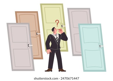 Business man makes difficult decision, standing at crossroads near different doors, and is considering right path. Crossroads on path of entrepreneur making choice from several options