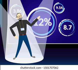 Business man makes a presentation during seminar or meeting. Guy wears casual jeans and sweater in front of display screen with different charts and diagrams. Vector illustration