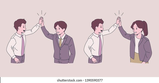 Un hombre de negocios haciendo un alto cinco con un socio. ilustraciones de diseño vectorial de estilo dibujado a mano. 