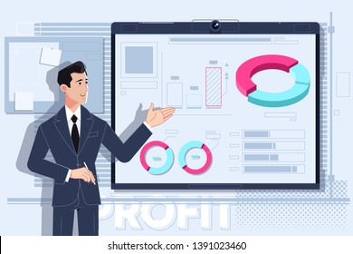 Business man making a presentation in front of whiteboard. Vector illustration