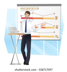 Business man making a presentation. Business team training. Vector illustration