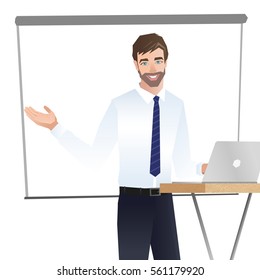 Business man making a presentation. Business team training. Vector illustration