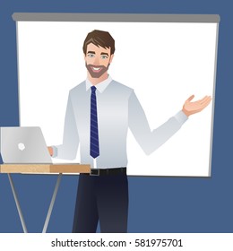 Business man making a presentation. Business team training. Vector illustration