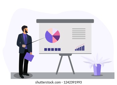 Business man making a presentation of whiteboard with infographics.  Office life. Vector illustration in flat style