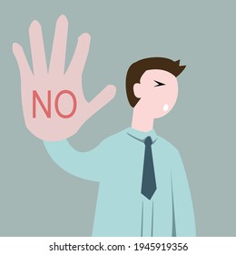 Business man making say no hand sign; cartoon-vector