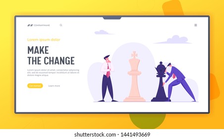 Business Man Making Strategic Chess Move with Black King Piece against White Self Confident Opponent. Tactic and Strategic Game Website Landing Page, Web Page. Cartoon Flat Vector Illustration, Banner