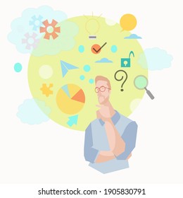 business man making thinking gesture. Stroking or scratching chin thoughtfully and looking up. Flat style vector illustration isolated on white background.