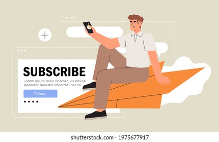 Business Man Or Male Character Sitting And Flying On Paper Plane And Sending Message. Concept Of Email Marketing, Newsletter, News, Offers, Promotions Subscription. Follow Us On Social Media Concept.