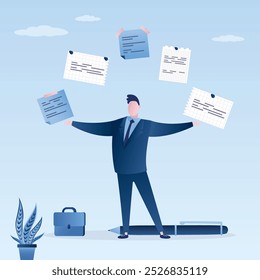 Business man or male employee juggling paper notes. Various note stickers and pen. Progress in tasks. Project management, businessman planning office day. Scheduling, meeting reminders. flat vector