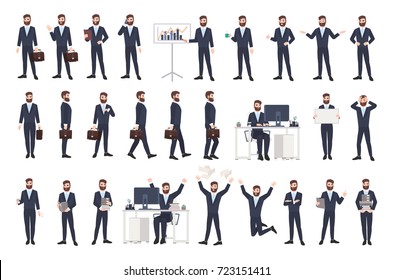 Business Man, Male Office Worker Or Clerk With Beard Dressed In Smart Suit In Different Postures, Moods, Situations. Flat Cartoon Character Isolated On White Background. Modern Vector Illustration.