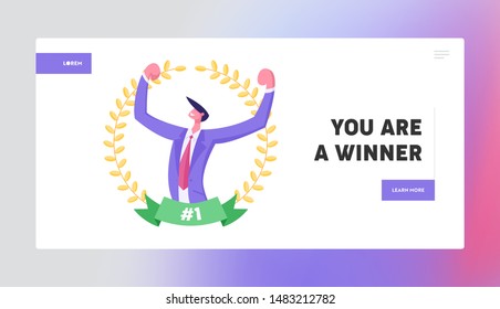 Business Man Manager Best Worker Website Landing Page. Businessman Demonstrate Muscles Inside of Golden Award Wreath with Ribbon. Successful Results Web Page Banner. Cartoon Flat Vector Illustration