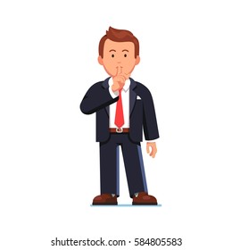 Business man manager in formal necktie suit standing making be quiet, shh or don't speak gesture holding right hand index finger to his lips. Modern flat style vector illustration isolated on white.