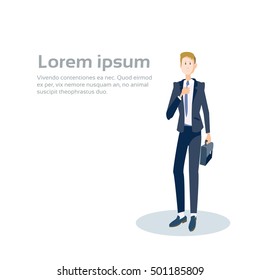 Business Man Manager Hold Suitcase, Businessman Formal Wear Banner With Copy Space Flat Vector Illustration