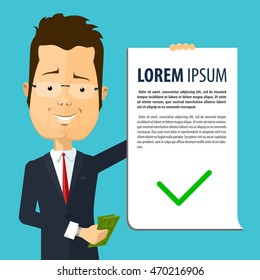Business man or manager holds in his hand a declaration and money, Vector illustration in flat, cartoon style isolated from the background, EPS 10