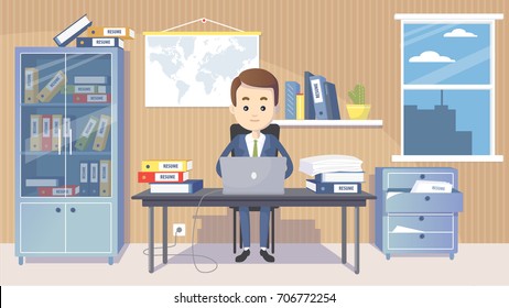 Business man manager in a suit working at his office desk. Vector clip art