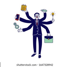 Business Man with Many Hands Multitasking and Self-employment Concept. Businessman Doing Multiple Tasks Holding Office Supplies in Arms, Busy Work Deadline. Cartoon Flat Vector Illustration, Line Art