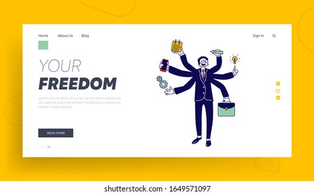 Business Man with Many Hands Multitasking and Self-employment Website Landing Page. Businessman Doing Multiple Tasks with Office Supplies Web Page Banner. Cartoon Flat Vector Illustration, Line Art