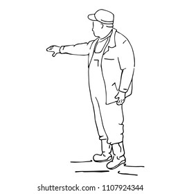 Business man master points to the background with his hand. Vector sketch illustration.