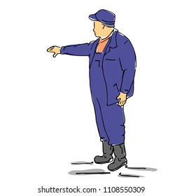 Business man master points to the background with his hand. Vector sketch illustration.