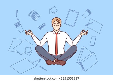 Business man meditates in lotus position and does zen yoga, levitating among office supplies. Businessman gets rid of harmful thoughts during yoga session, to increase work productivity