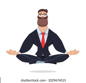 Business man meditating and levitating in yoga relax lotus position. Flat style vector charakter.