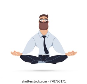 Business man meditating and levitating in yoga relax lotus position. Flat style vector charakter.