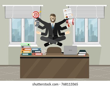 Business man meditating in lotus pose over table in office room. Business man surrounded by hands with office things. Multitasking and time management concept. Vector flat design illustration. 