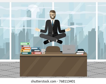 Business man meditating in lotus pose over table in office room. Business man surrounded by hands with office things. Multitasking and time management concept. Vector flat design illustration. 