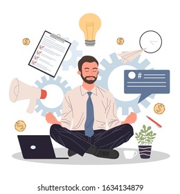 Business man meditating and relaxing in lotus position vector illustration. Office man practicing stress relief at workplace. Employee practicing mindfulness meditation and yoga in noisy office