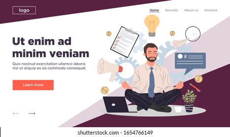 Business man meditating and relaxing in lotus position vector illustration. Office man practicing stress relief at workplace. Employee practicing mindfulness meditation and yoga in noisy office