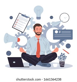 Business man meditating and relaxing in lotus position vector illustration. Office man practicing stress relief at workplace. Employee practicing mindfulness meditation and yoga in noisy office