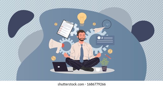 Business man meditating and relaxing in lotus position vector illustration. Office man practicing stress relief at workplace. Employee practicing mindfulness meditation and yoga in noisy office