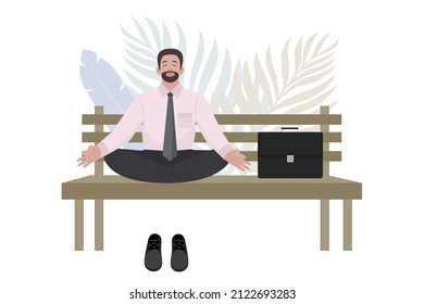 Business Man Meditating And Relaxing In Lotus Position. Office Man Practicing Stress Relief At Workplace. Vector Illustration 