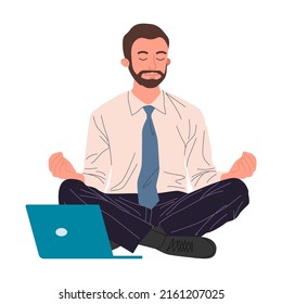 Business man meditating and relaxing in lotus position vector illustration. Office man practicing stress relief at workplace