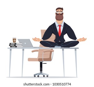 Business man meditating and siting on the desk in yoga relax lotus position. Flat style vector charakter.