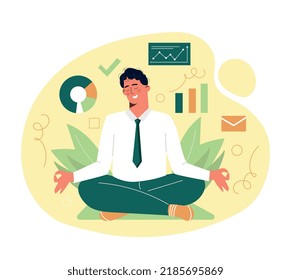 Hombre de negocios meditando. El chico joven se sienta en posición de loto y comprende gráficos y diagramas. El emprendedor evalúa los ingresos y los gastos. Negocios exitosos. Dibujo vectorial plano de dibujos animados