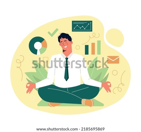 Business man meditating. Young guy sits in lotus position and comprehends graphs and diagrams. Entrepreneur evaluates income and expenses. Successful business. Cartoon flat vector illustration