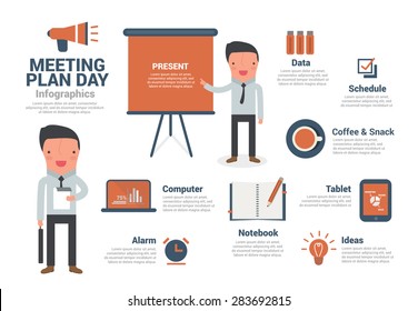 Business Man Meeting Plan Infographics, cartoon vector illustration.