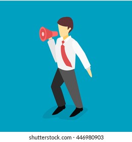 Business man with a megaphone. Isometric 3D illustration.